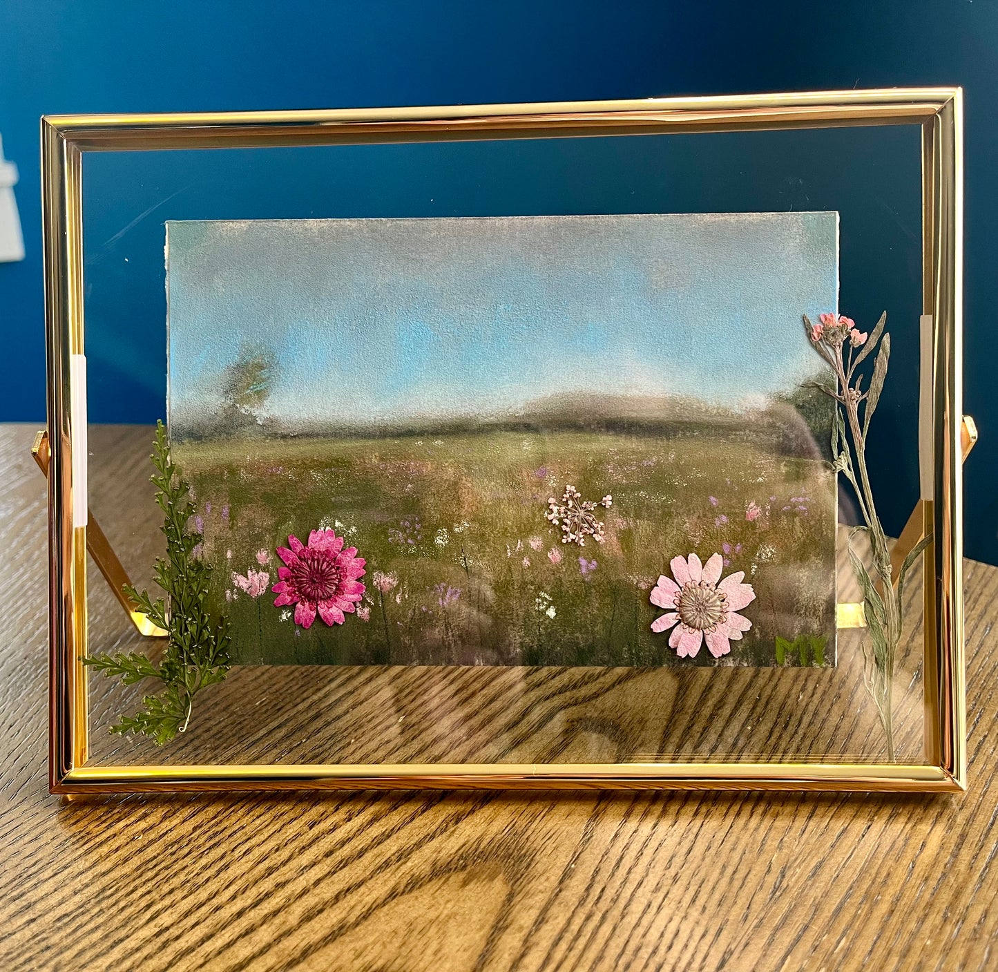 Spring Meadow - Framed Soft Pastel Painting with Pressed Flowers
