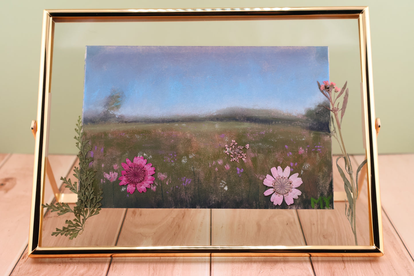 Spring Meadow - Framed Soft Pastel Painting with Pressed Flowers