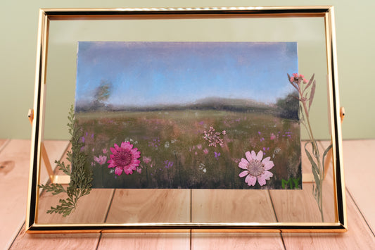 Spring Meadow - Framed Soft Pastel Painting with Pressed Flowers
