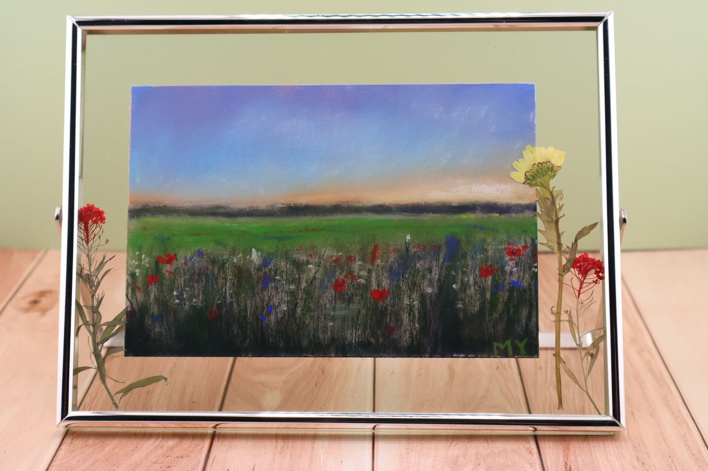 Wildflower Field - Framed Original Pastel Painting with Pressed Flowers