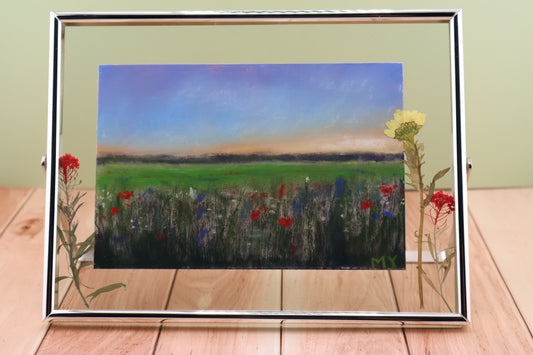 Wildflower Field - Framed Original Pastel Painting with Pressed Flowers
