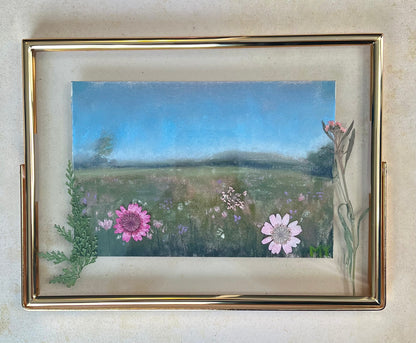 Spring Meadow - Framed Soft Pastel Painting with Pressed Flowers