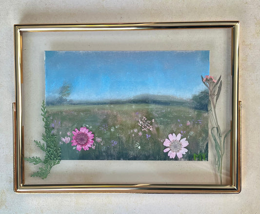 Spring Meadow - Framed Soft Pastel Painting with Pressed Flowers