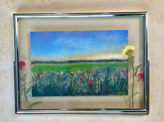 Wildflower Field - Framed Original Pastel Painting with Pressed Flowers